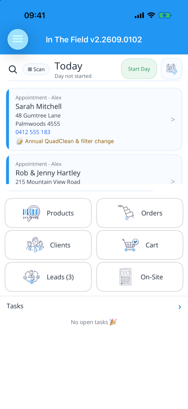 The In The Field app home screen — today's jobs, leads and clients on your phone