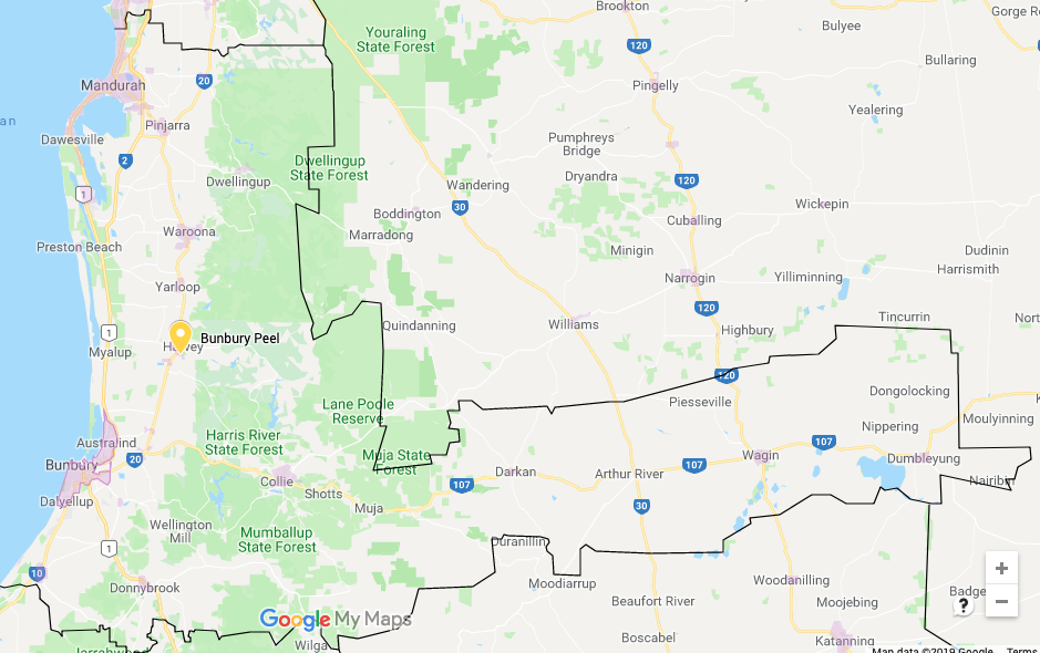Bunbury Peel Water Tank Cleaning service area map